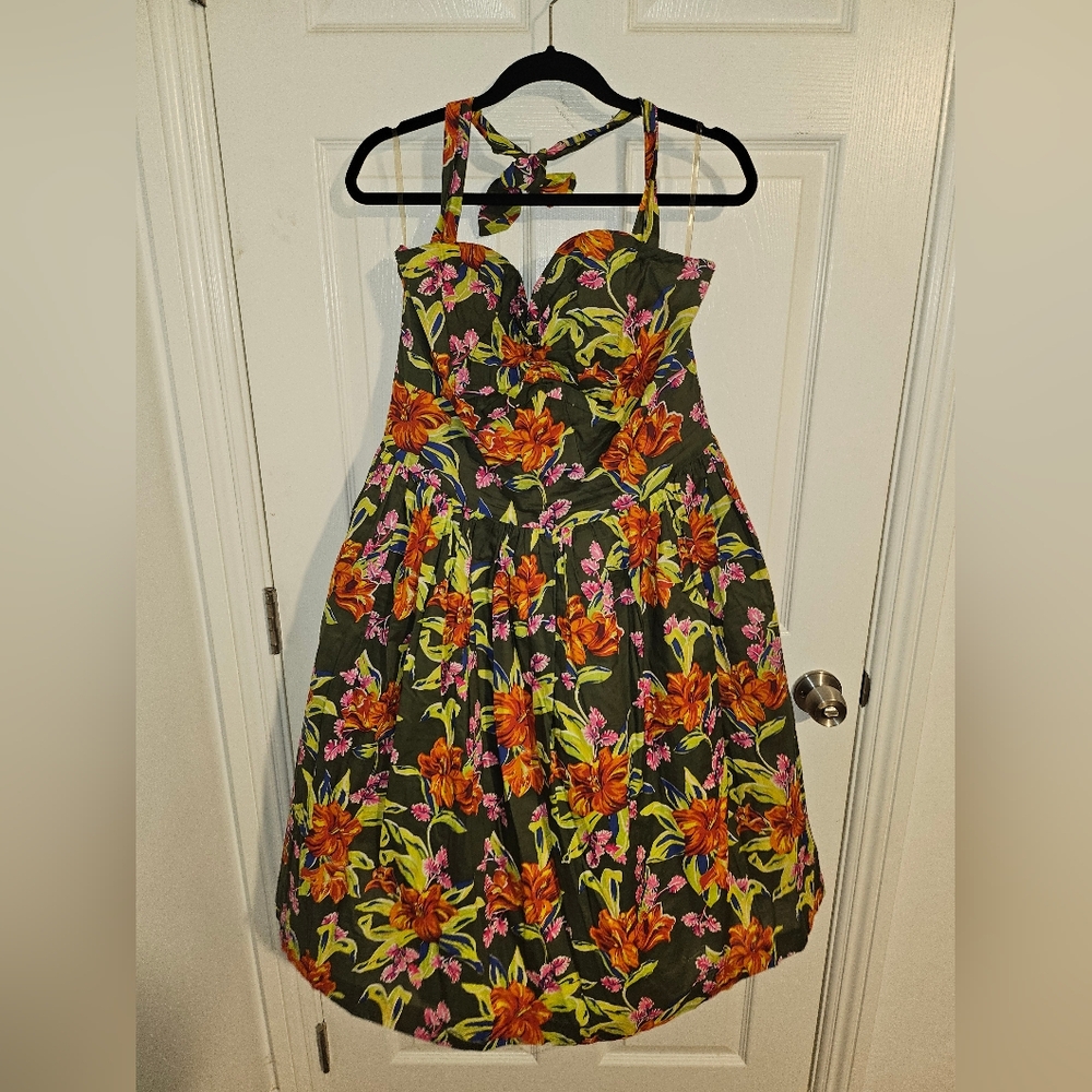 Floral Halter Dress with Orange and Green Pattern